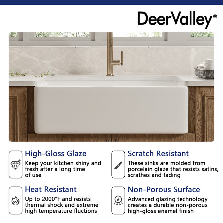 33" White Fireclay Farmhouse Drop-In Kitchen Sink