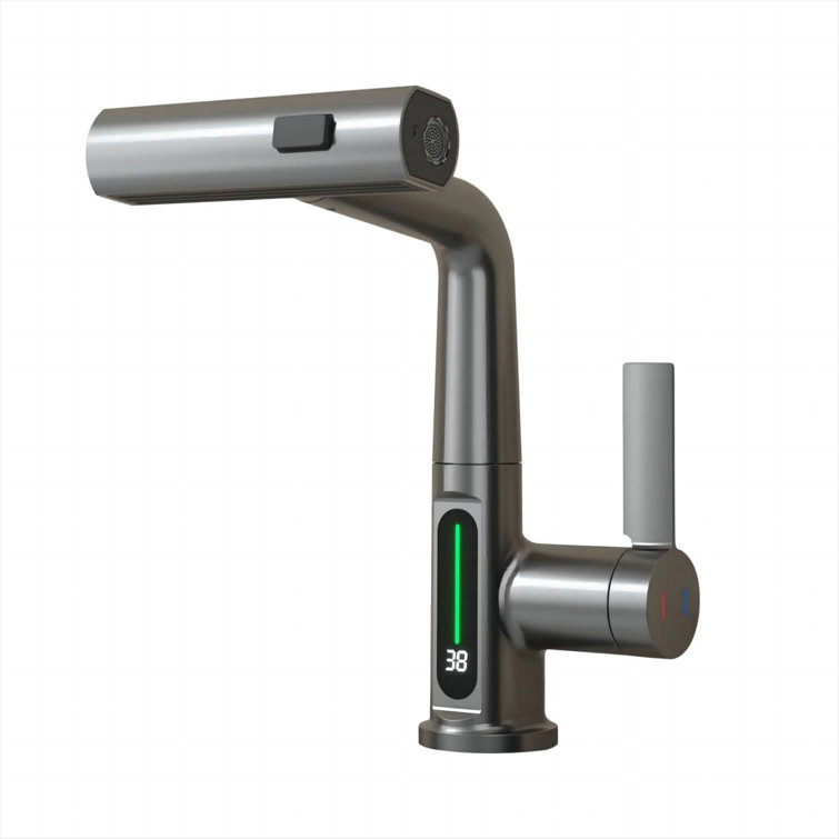 Gray Single Handle Pull-Out Sprayer Bathroom Faucet with LED Display
