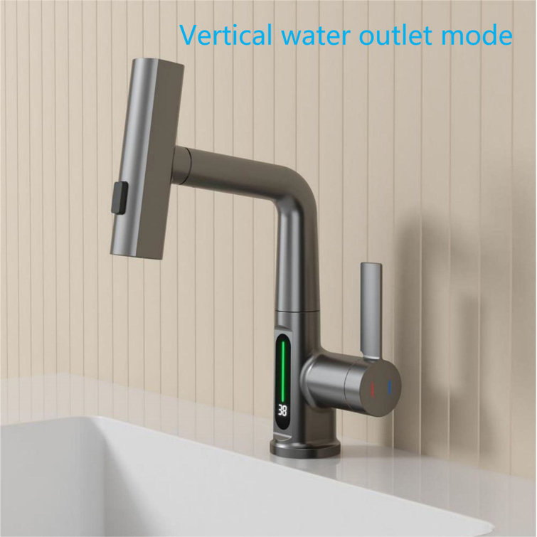 Gray Single Handle Pull-Out Sprayer Bathroom Faucet with LED Display