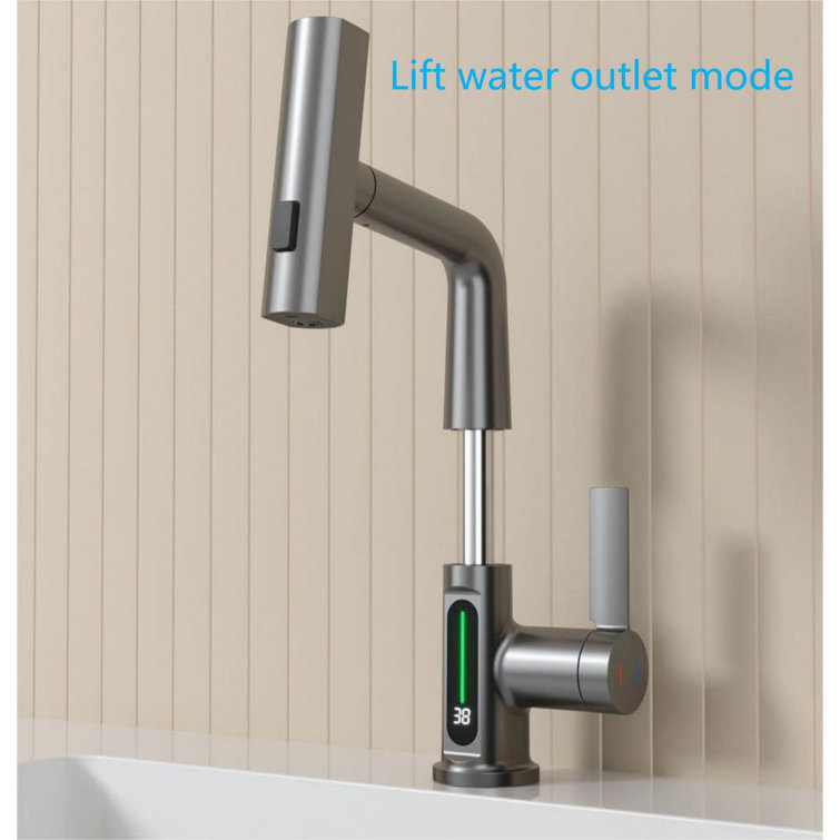 Gray Single Handle Pull-Out Sprayer Bathroom Faucet with LED Display
