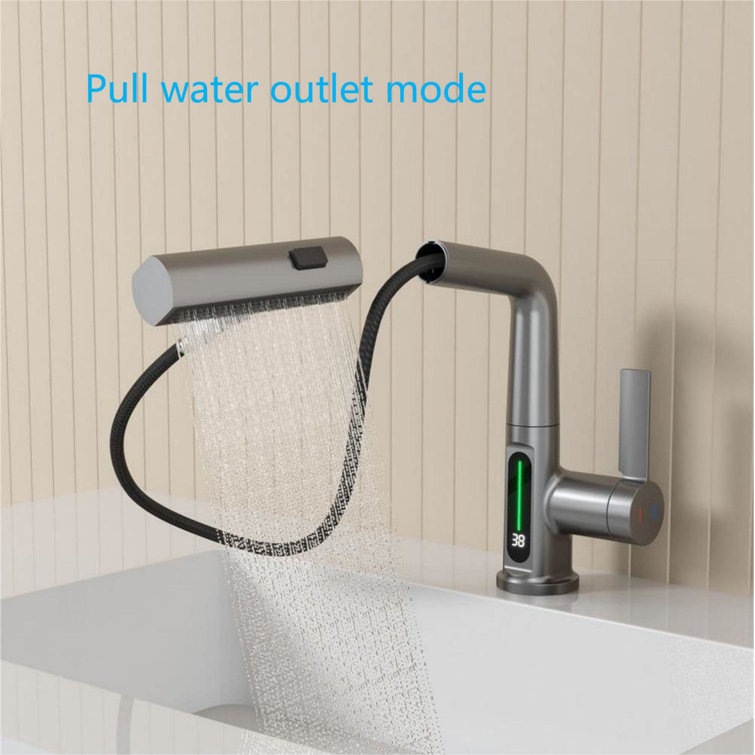 Gray Single Handle Pull-Out Sprayer Bathroom Faucet with LED Display