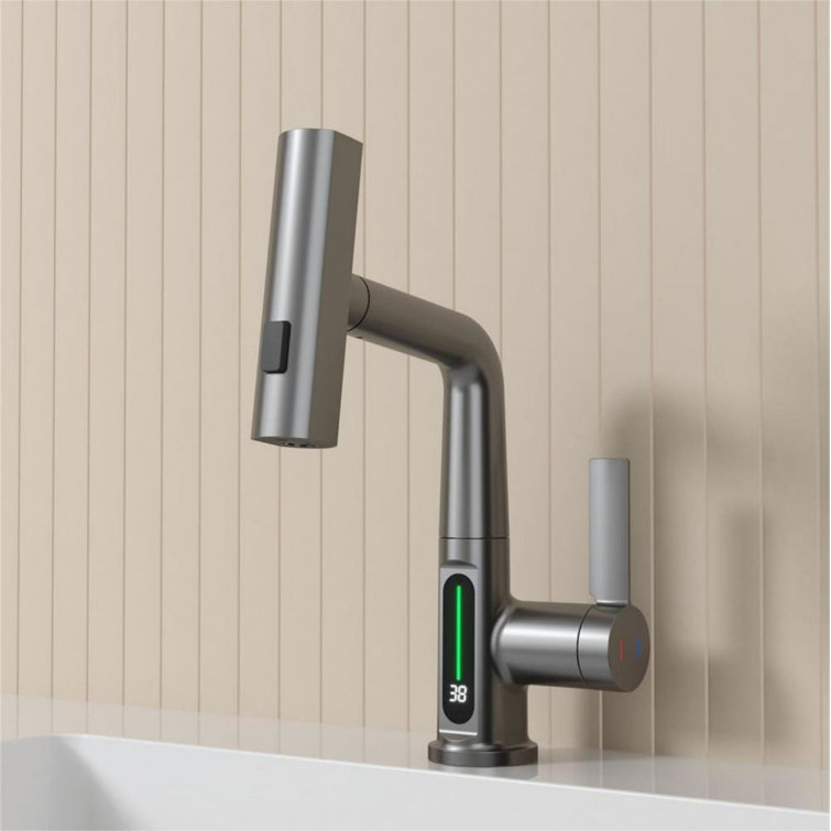 Gray Single Handle Pull-Out Sprayer Bathroom Faucet with LED Display
