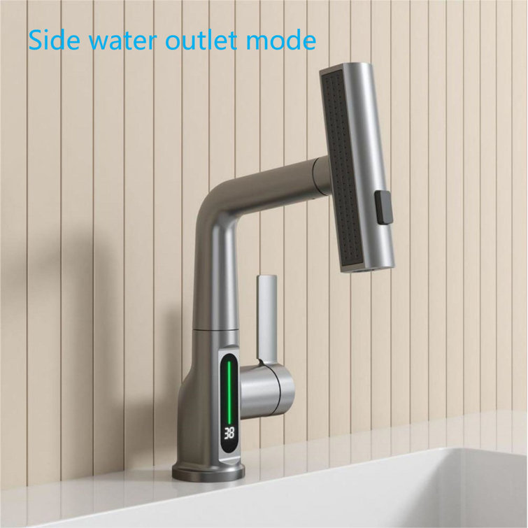 Gray Single Handle Pull-Out Sprayer Bathroom Faucet with LED Display