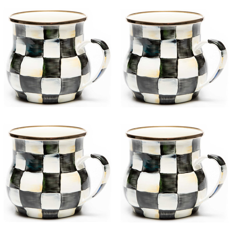 Handmade Black and White Checkered Enamel Mugs, Set of 4