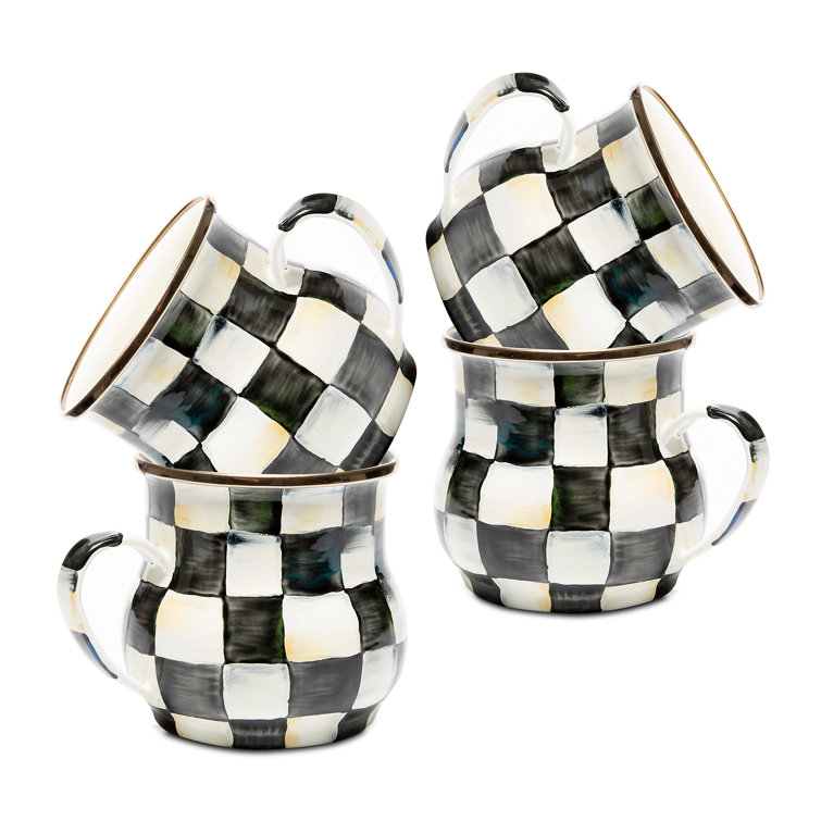 Handmade Black and White Checkered Enamel Mugs, Set of 4