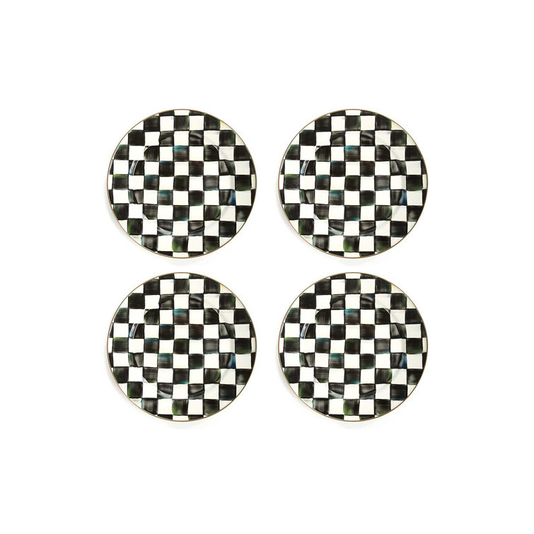 Black and White Hand-Painted Enamel Charger Plates, Set of 4
