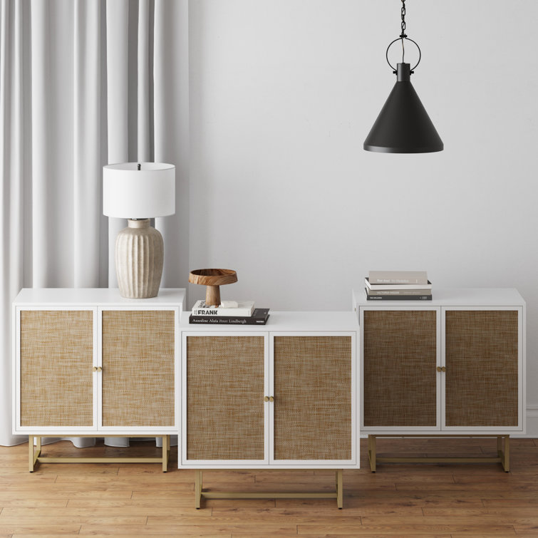 White and Natural Rattan Freestanding Cabinet with Adjustable Shelving