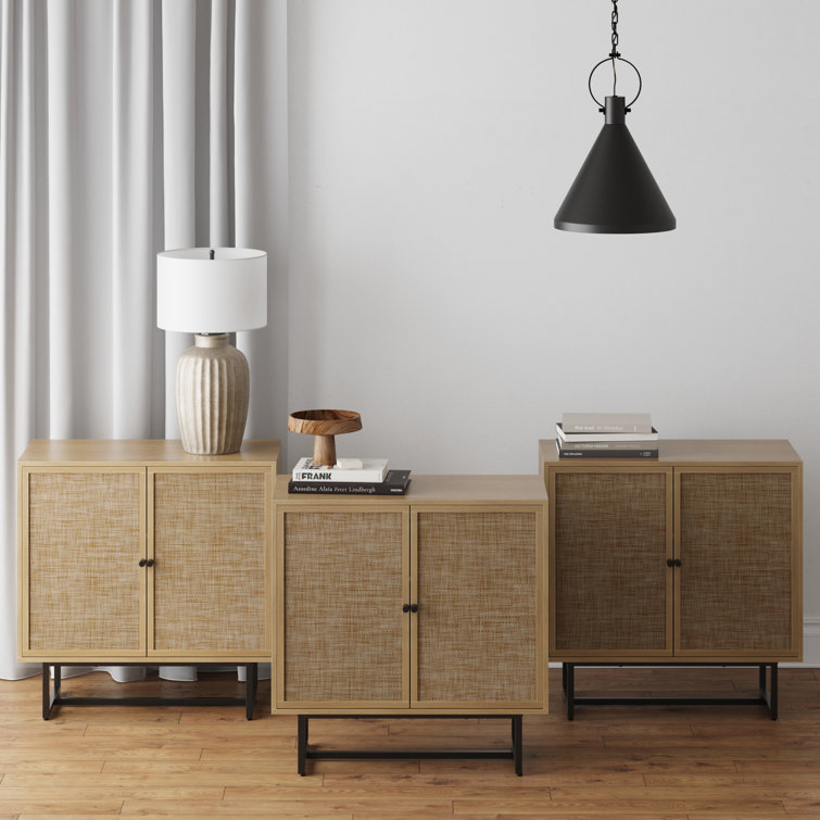 Kova Light Oak and Rattan Storage Cabinets with Adjustable Shelving