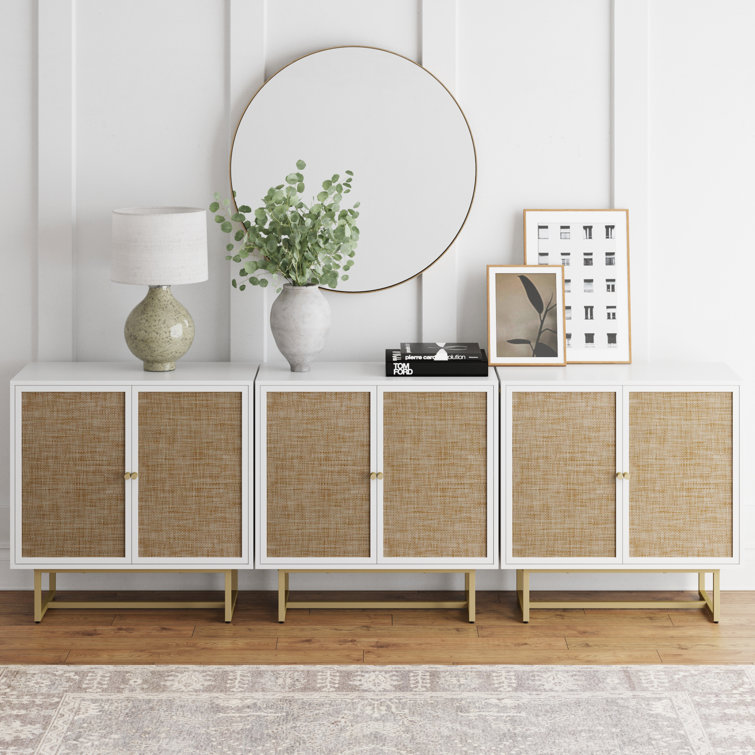 White and Natural Rattan Freestanding Cabinet with Adjustable Shelving