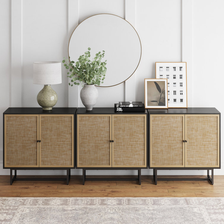 Black Oak and Rattan Freestanding Cabinet with Adjustable Shelves