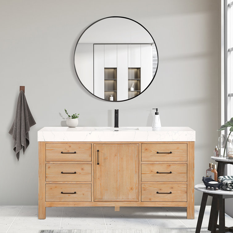 Leon 60" Fir Wood Brown Bathroom Vanity with White Composite Top