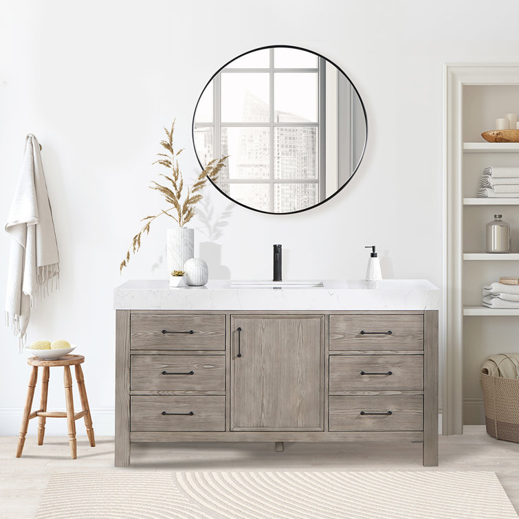 Leon 60" Fir Wood Brown Bathroom Vanity with White Composite Top