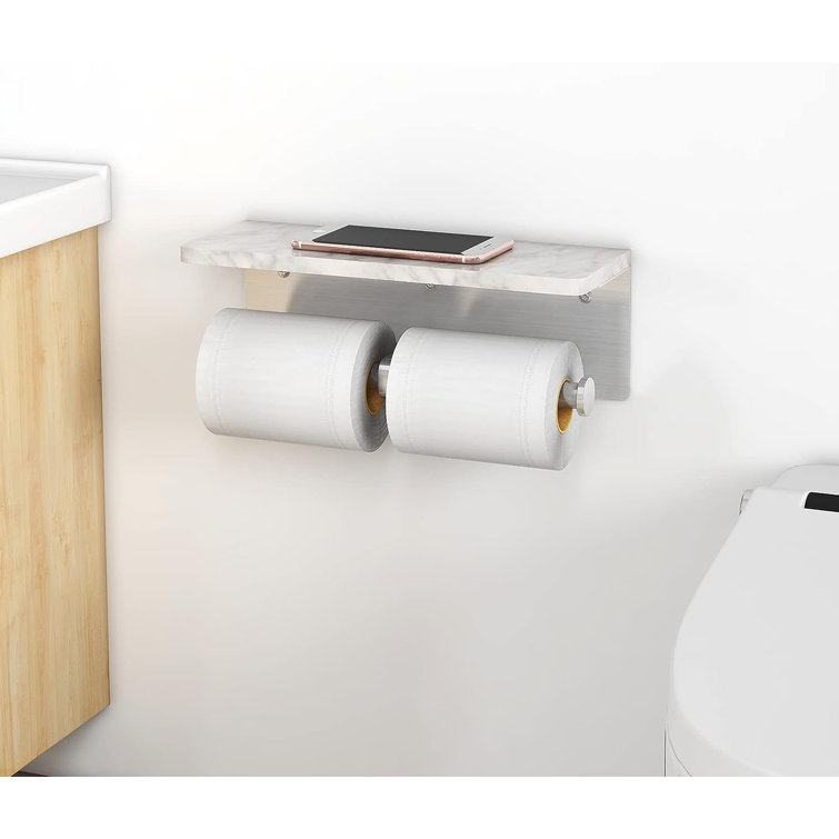 Brushed Nickel and Marble Double Toilet Paper Holder with Shelf