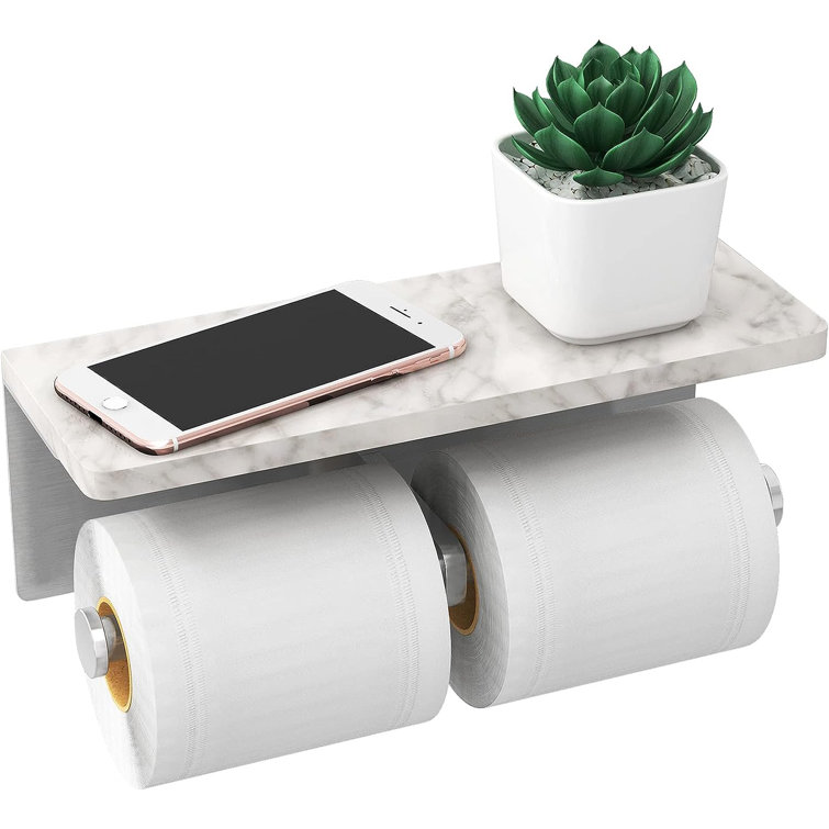 Brushed Nickel and Marble Double Toilet Paper Holder with Shelf