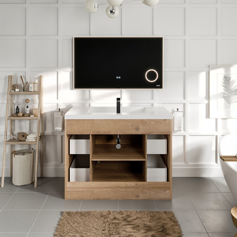 Natural Oak 42'' Single Bathroom Vanity with White Acrylic Top