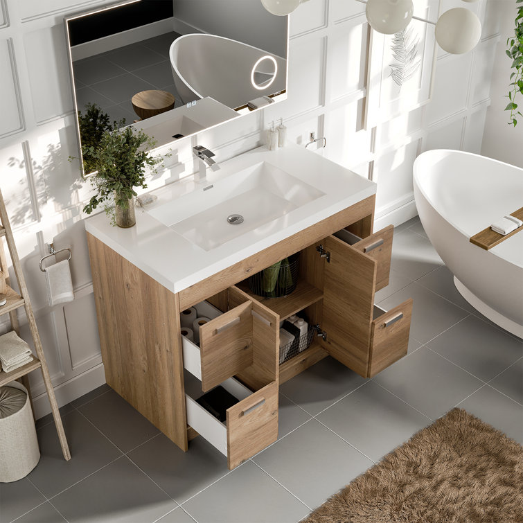 Natural Oak 42'' Single Bathroom Vanity with White Acrylic Top
