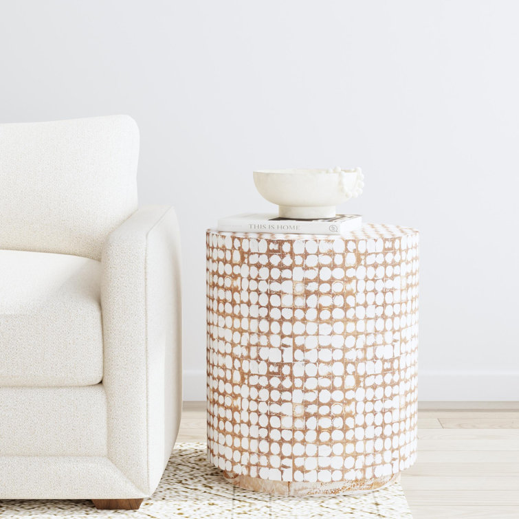 Coastal Breeze White Coconut & Wood Mosaic Round Table 16"