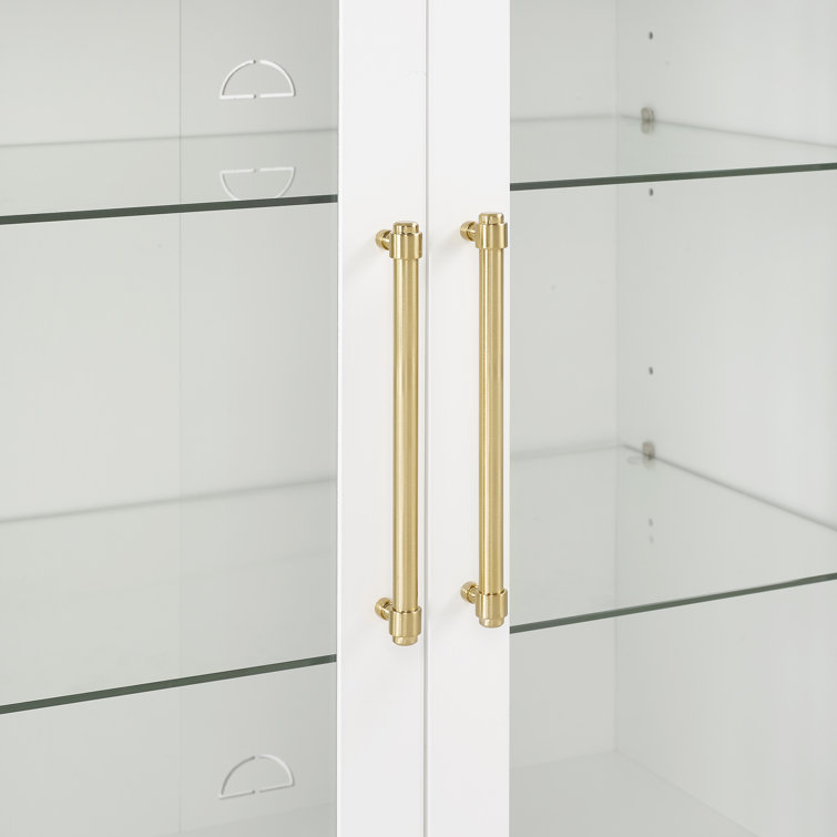 White Glass Door Kitchen Pantry Storage Cabinet with Gold Hardware