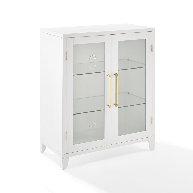 White Glass Door Kitchen Pantry Storage Cabinet with Gold Hardware