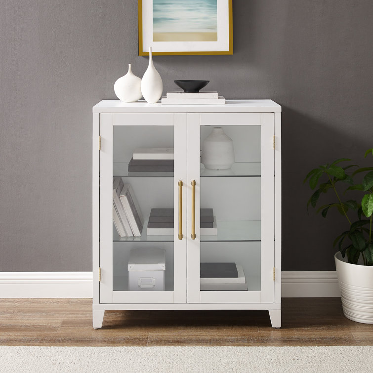 White Glass Door Kitchen Pantry Storage Cabinet with Gold Hardware