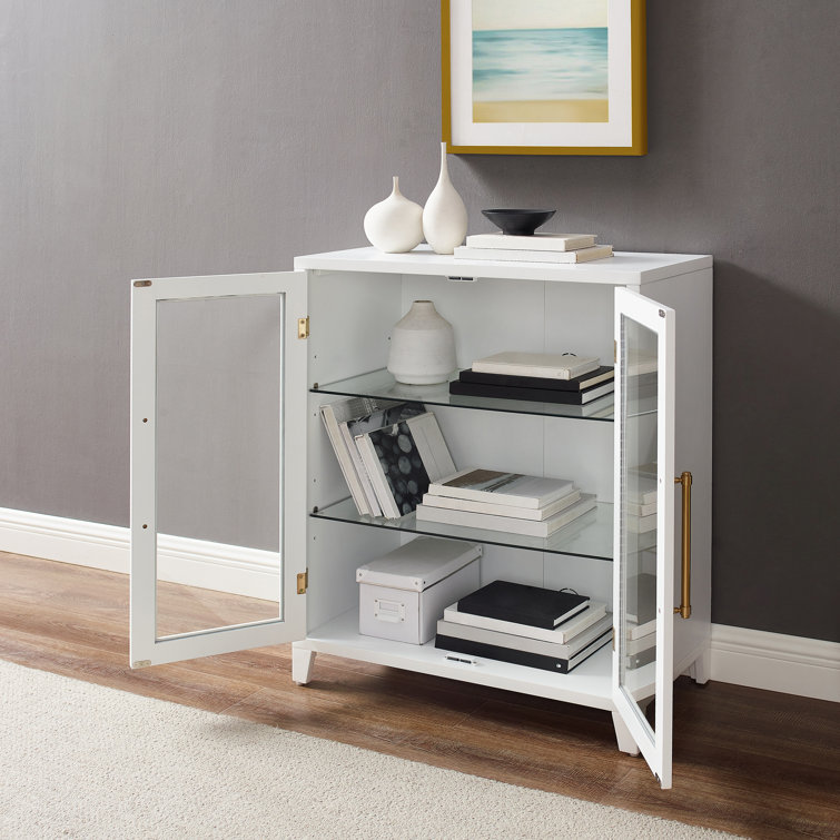 White Glass Door Kitchen Pantry Storage Cabinet with Gold Hardware