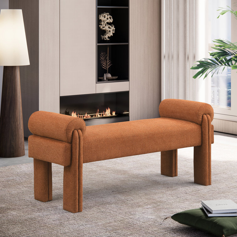 Cognac Polyester Blend Upholstered Bench with Rounded Arm Pillows