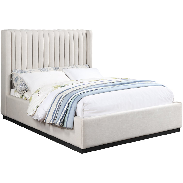 Beige Linen Upholstered Queen Bed with Tufted Headboard