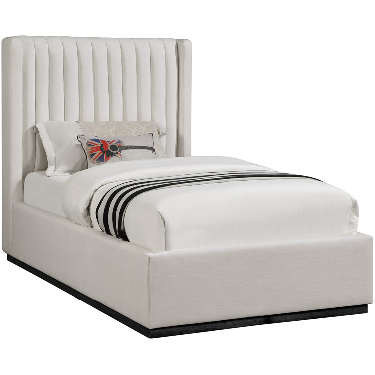 Beige Twin Linen Upholstered Wingback Bed with Tufted Headboard
