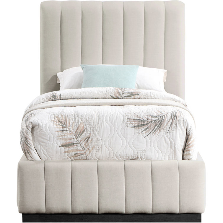 Beige Linen Upholstered Twin Bed with Tufted Headboard