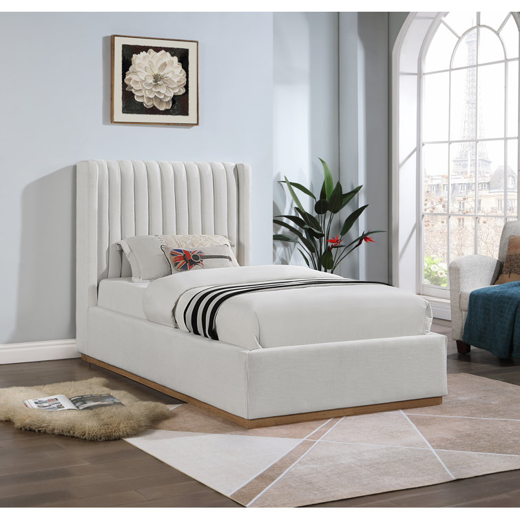 Cream Linen Twin Upholstered Wingback Bed with Tufted Headboard