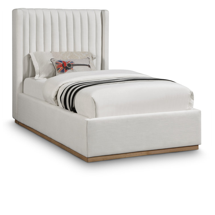 Cream Linen Twin Upholstered Wingback Bed with Tufted Headboard