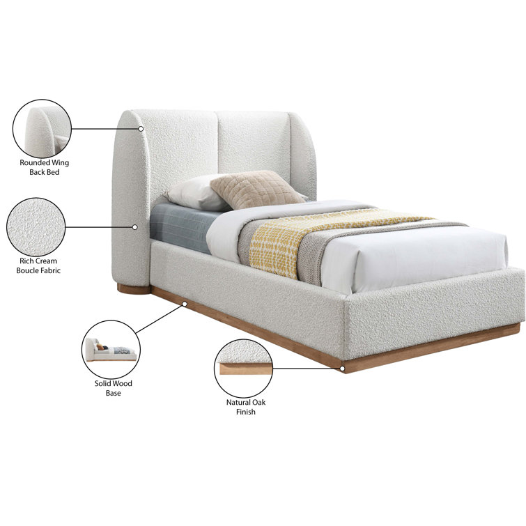 Twin White Boucle Upholstered Wood Frame Bed with Headboard