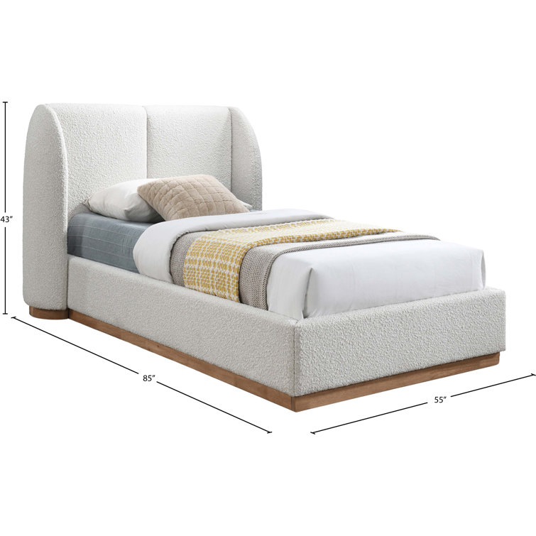 Twin White Boucle Upholstered Wood Frame Bed with Headboard