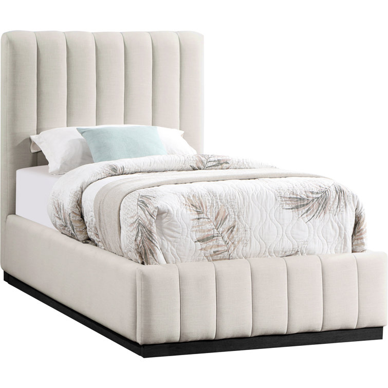 Beige Linen Upholstered Twin Bed with Tufted Headboard