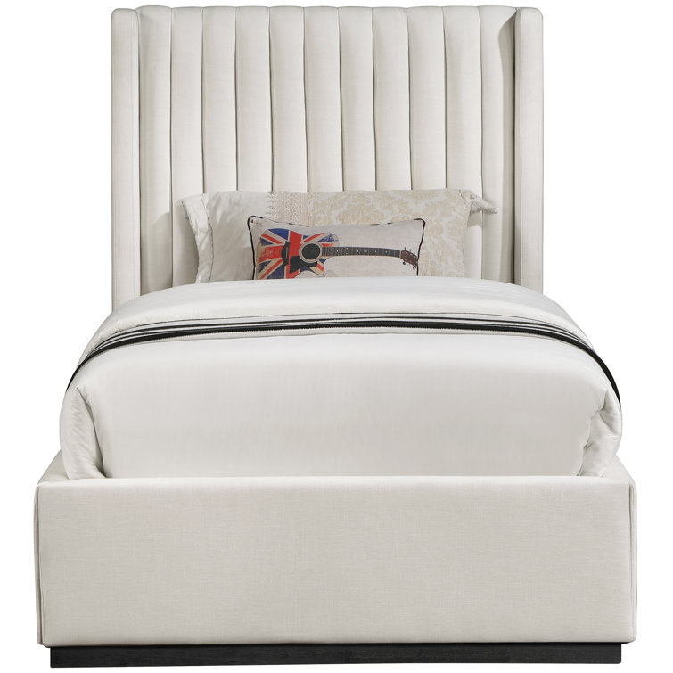 Beige Twin Linen Upholstered Wingback Bed with Tufted Headboard