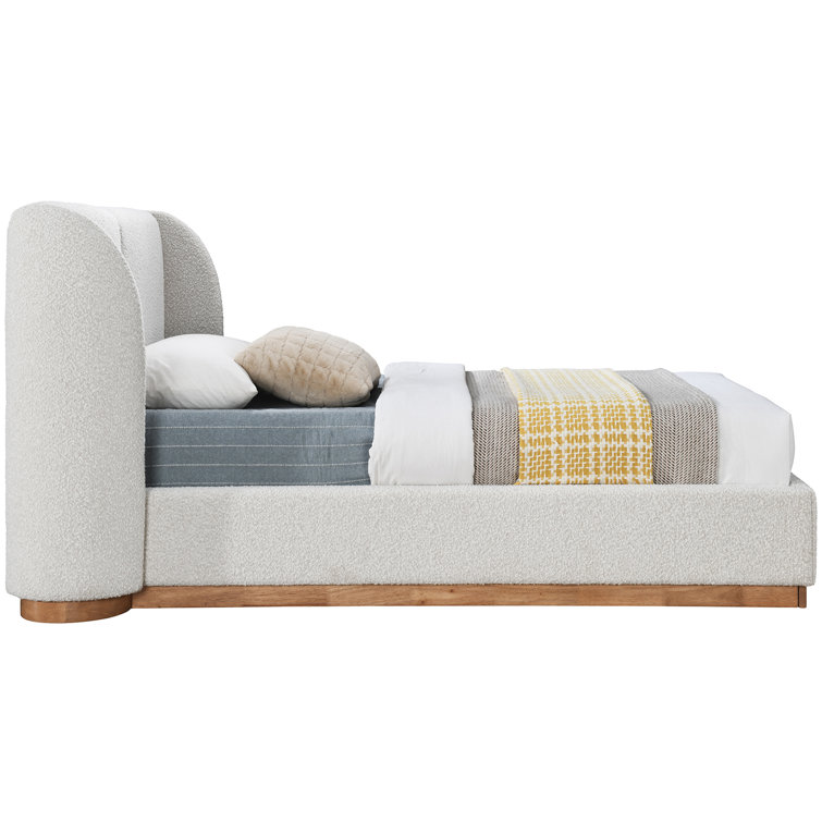 Twin White Boucle Upholstered Wood Frame Bed with Headboard