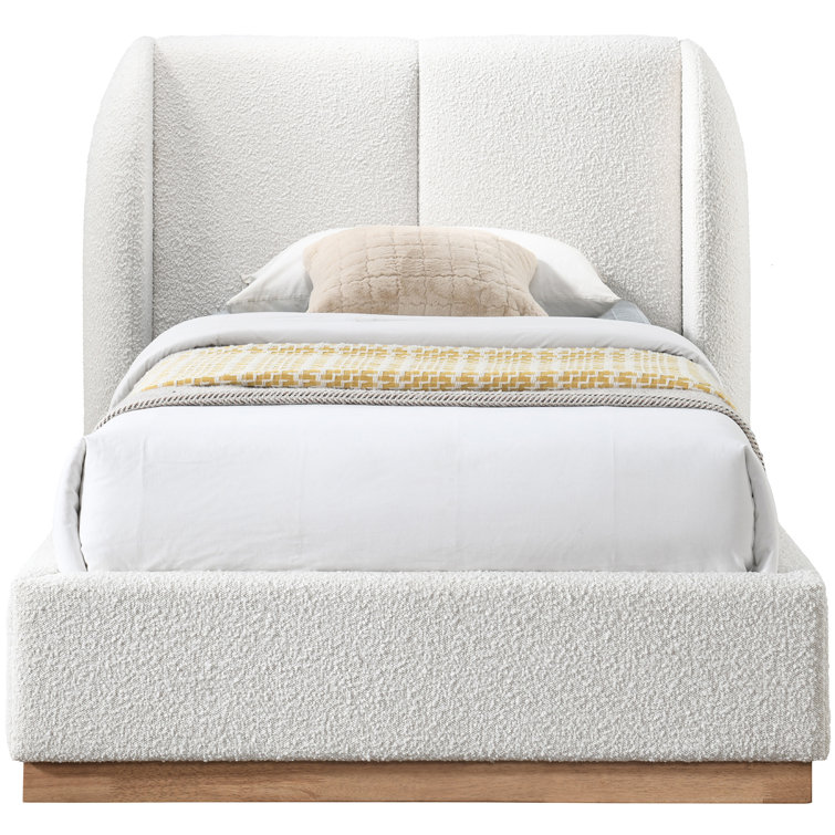 Twin White Boucle Upholstered Wood Frame Bed with Headboard