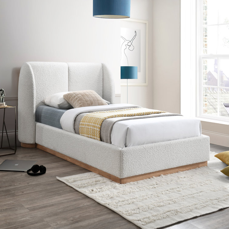 Twin White Boucle Upholstered Wood Frame Bed with Headboard