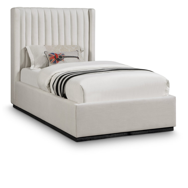 Beige Twin Linen Upholstered Wingback Bed with Tufted Headboard