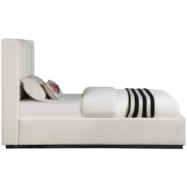 Beige Twin Linen Upholstered Wingback Bed with Tufted Headboard