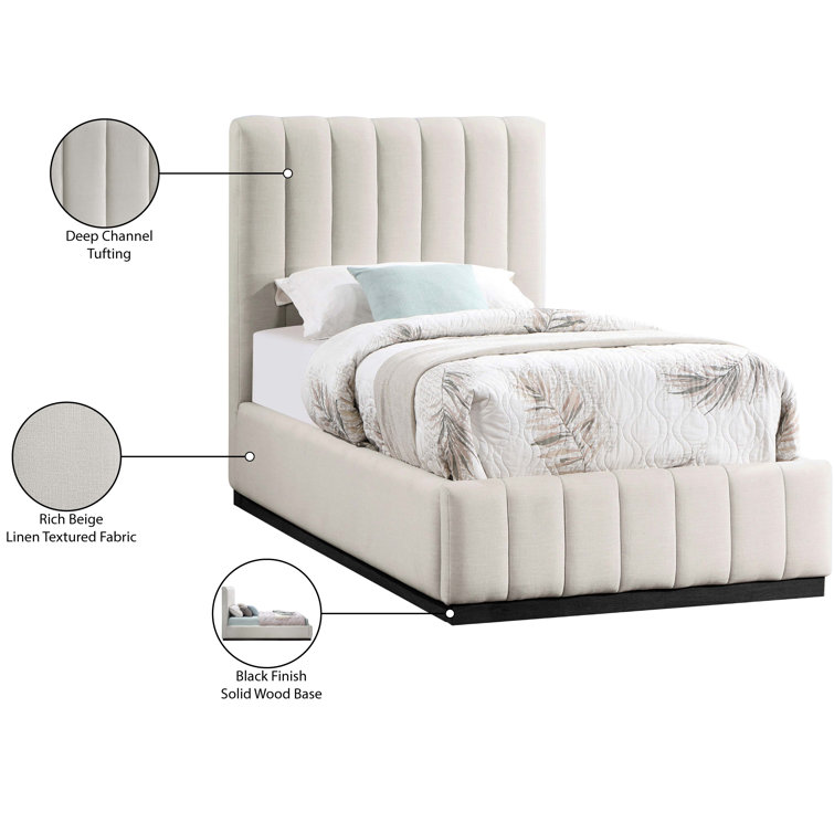 Beige Linen Upholstered Twin Bed with Tufted Headboard