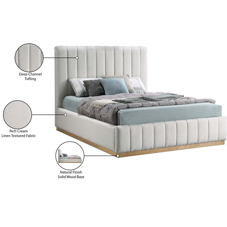 Queen Cream Linen Upholstered Bed with Tufted Headboard