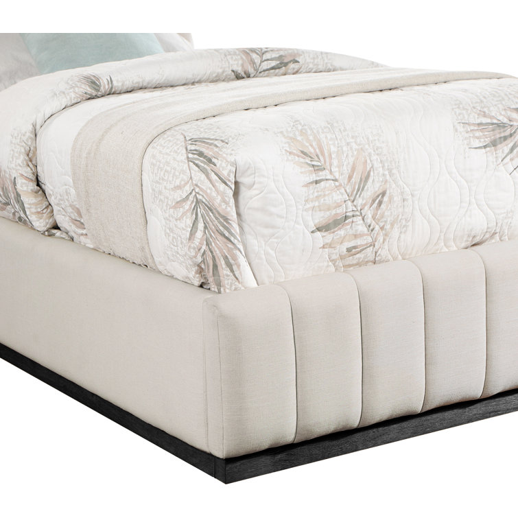 Beige Linen Upholstered Twin Bed with Tufted Headboard