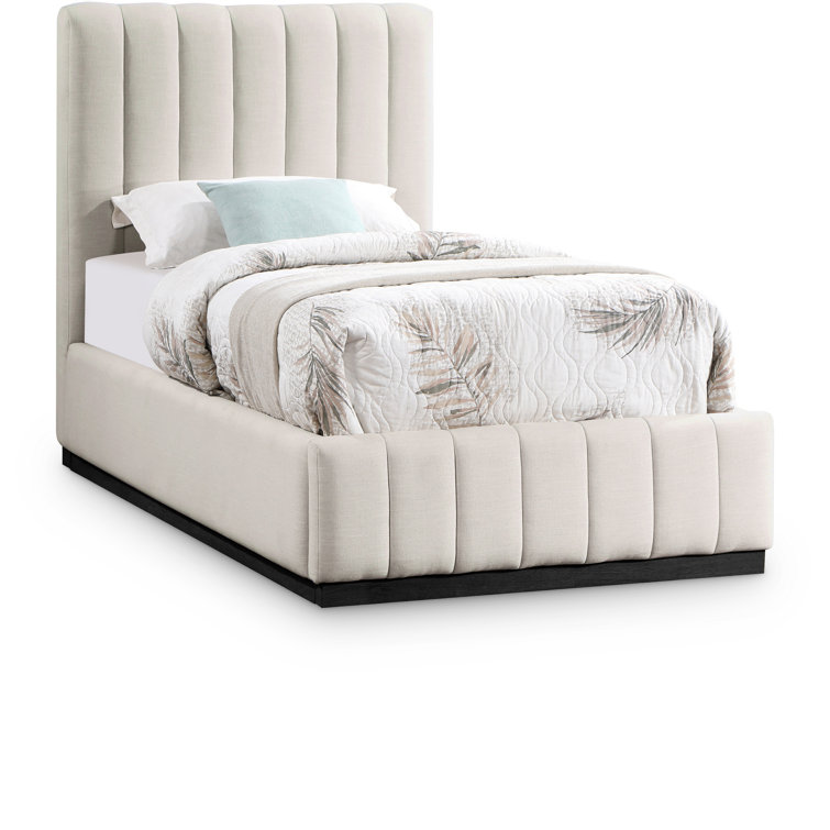 Beige Linen Upholstered Twin Bed with Tufted Headboard