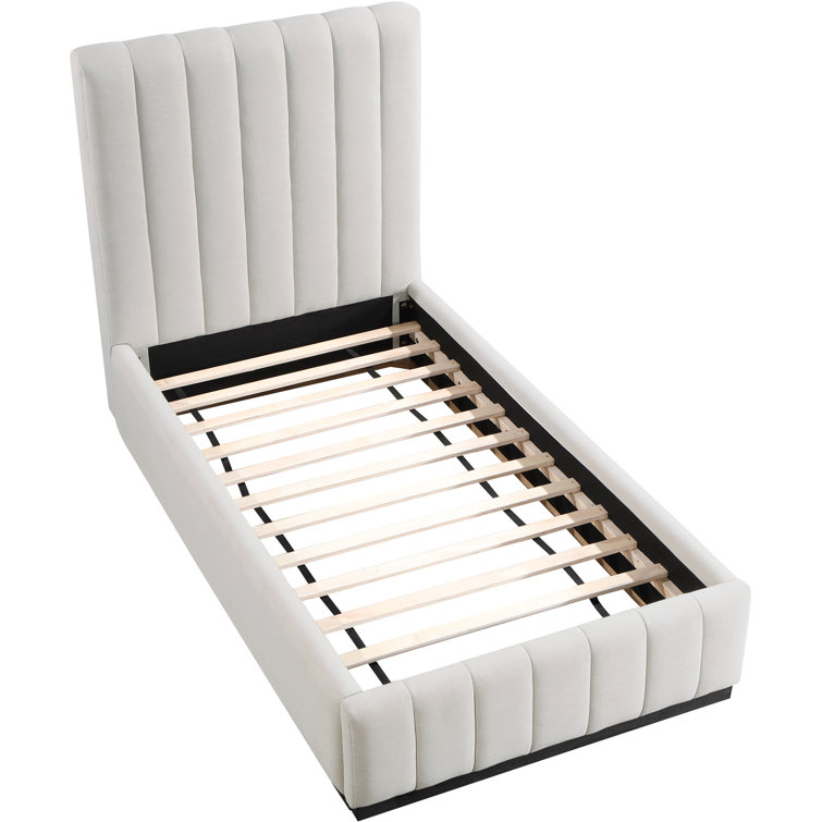 Beige Linen Upholstered Twin Bed with Tufted Headboard