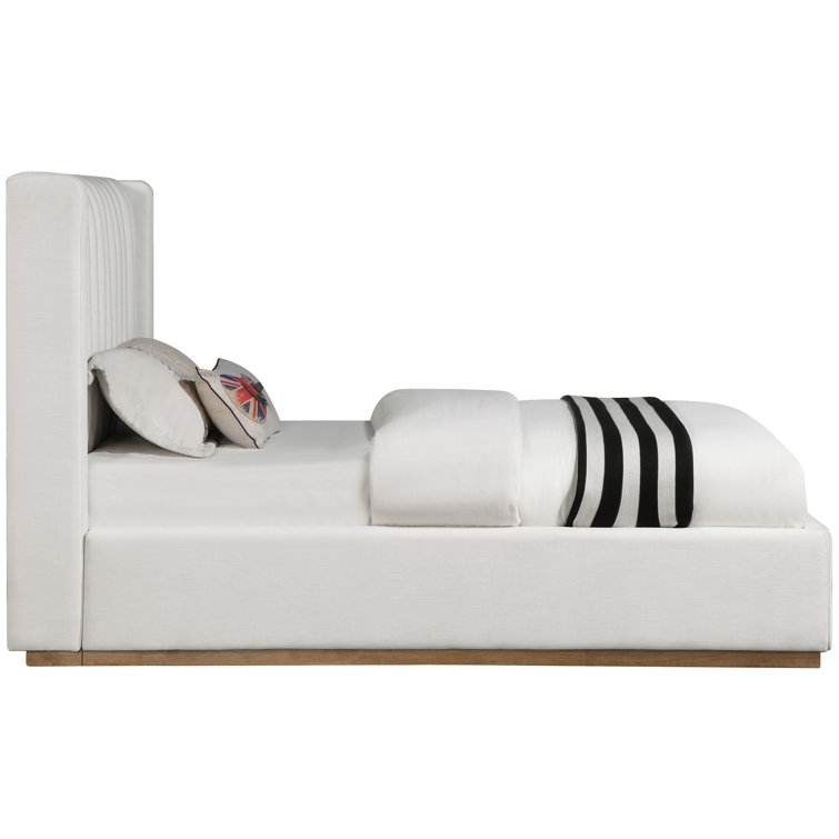 Cream Linen Twin Upholstered Wingback Bed with Tufted Headboard