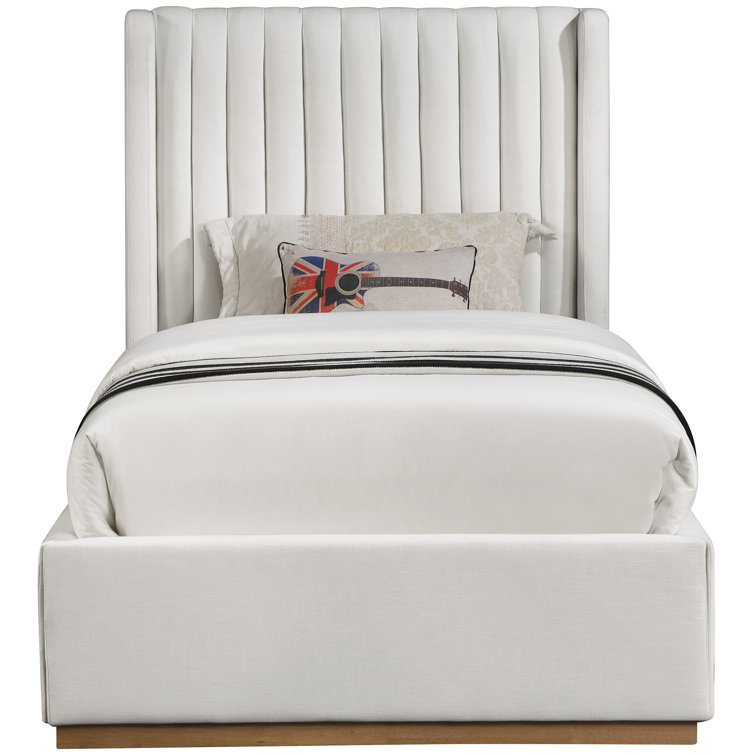 Cream Linen Twin Upholstered Wingback Bed with Tufted Headboard