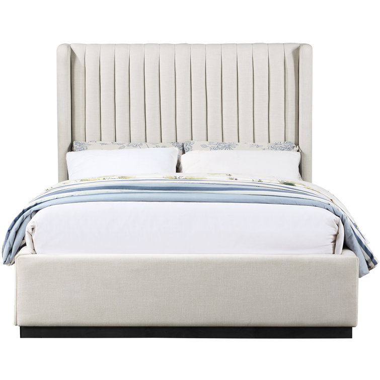 Beige Linen Upholstered Queen Bed with Tufted Headboard