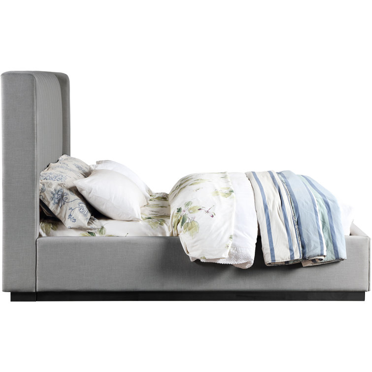 Gray Linen Upholstered Queen Wingback Bed with Tufted Headboard