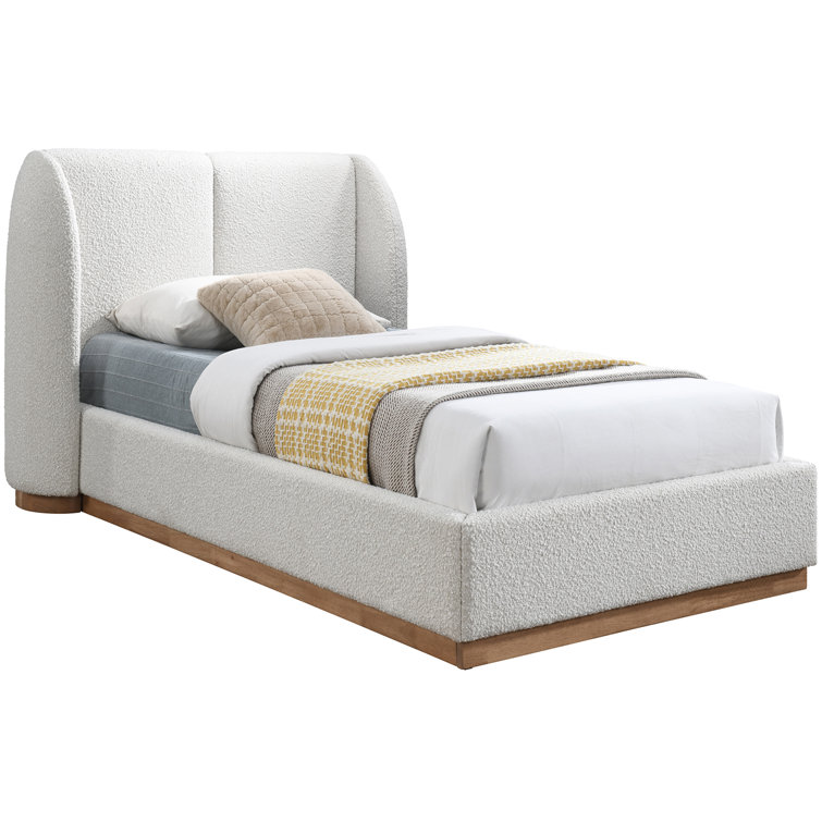 Twin White Boucle Upholstered Wood Frame Bed with Headboard